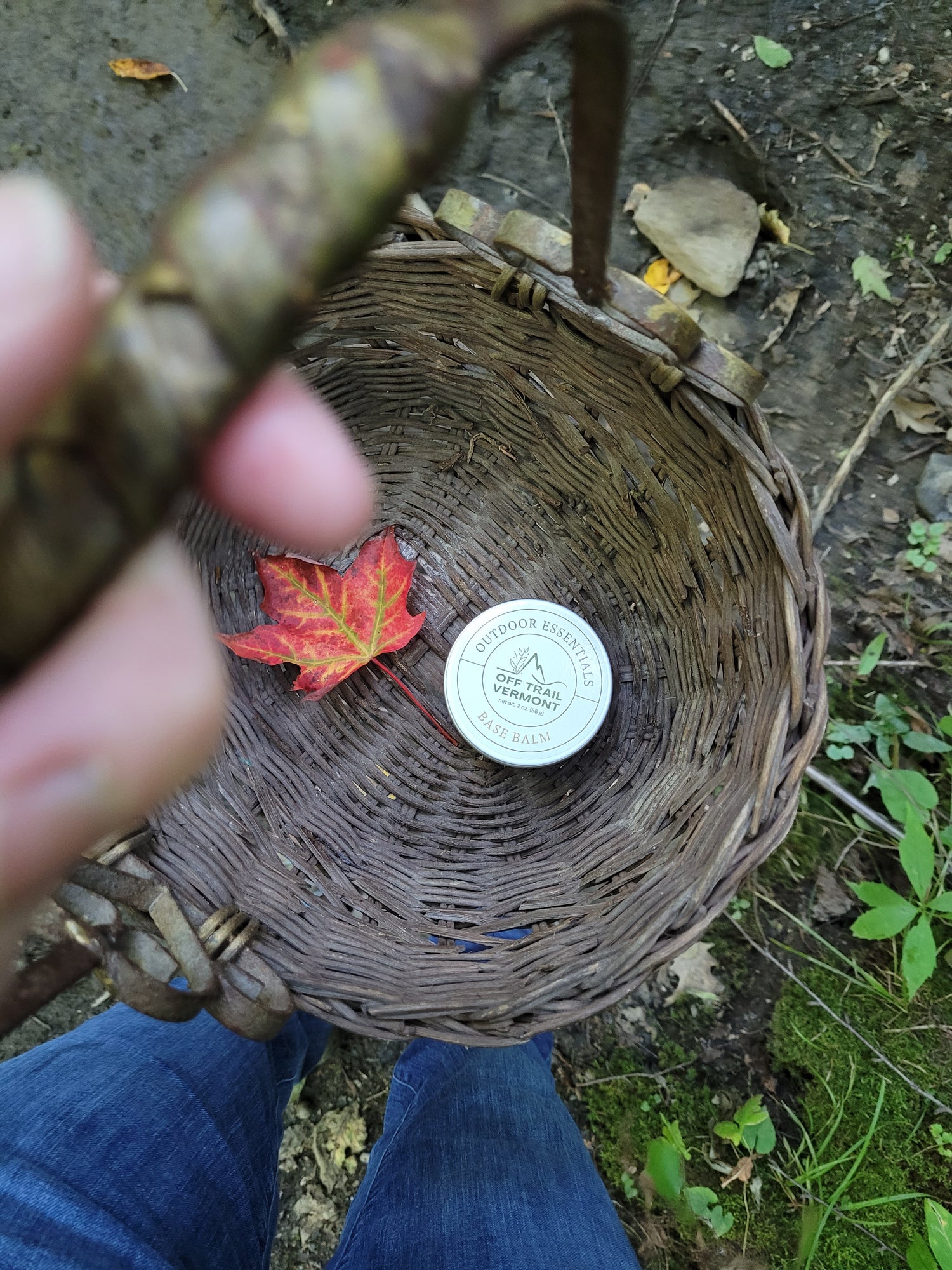 off trail vermont fall leaf with base balm in foraging basket
